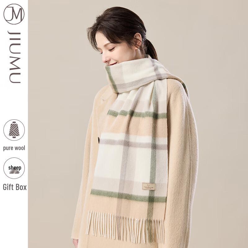 JIUMU Women's Autumn/Winter Pure Wool Plaid Knit Scarf