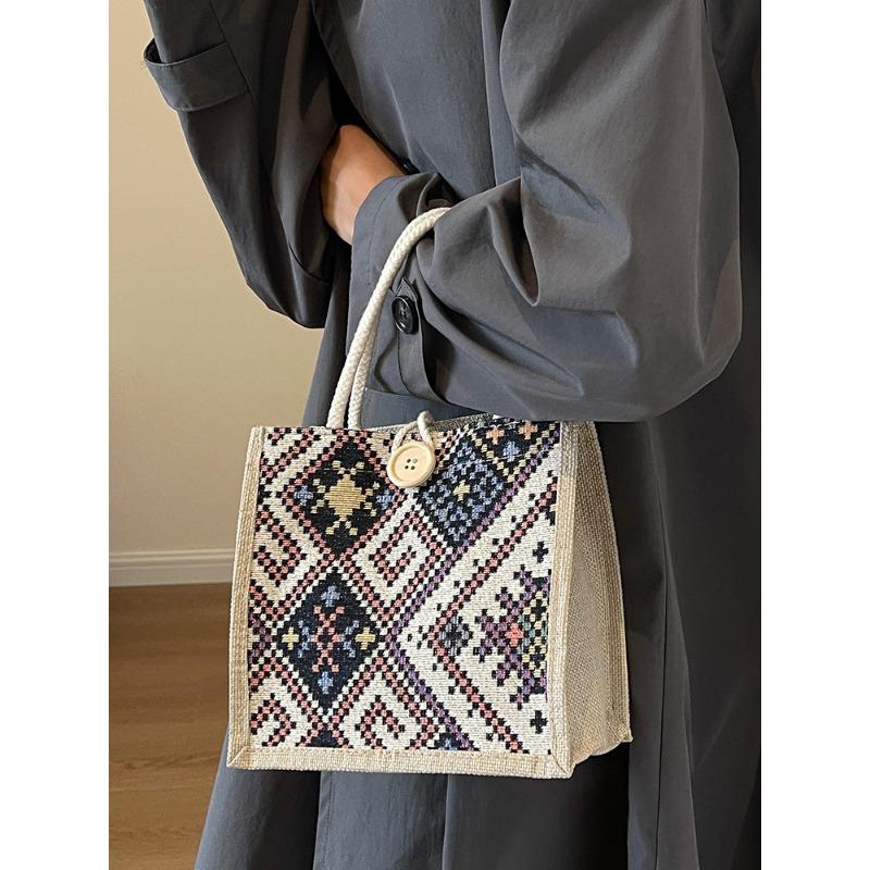 Ethnic Canvas Bag for Women In Summer New Fashion Style for Going Out with Linen Lunch Box Bento Bag Hand-held Mommy Bag