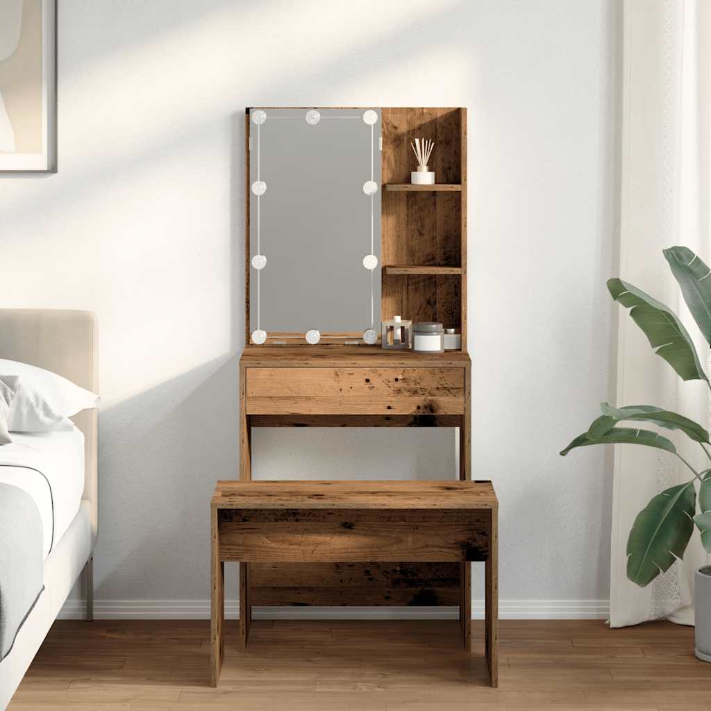 Makeup Table Set with LED Lights Rustic Wood Effect Engineered Wood