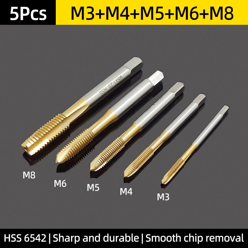 Machine Thread Tap Drill Bit HSS 6542 Titanium Metric Screw Machine Taps Straight Flute Hand Tool M2/M2.5/M3/M3.5/M4/M5/M6/M8