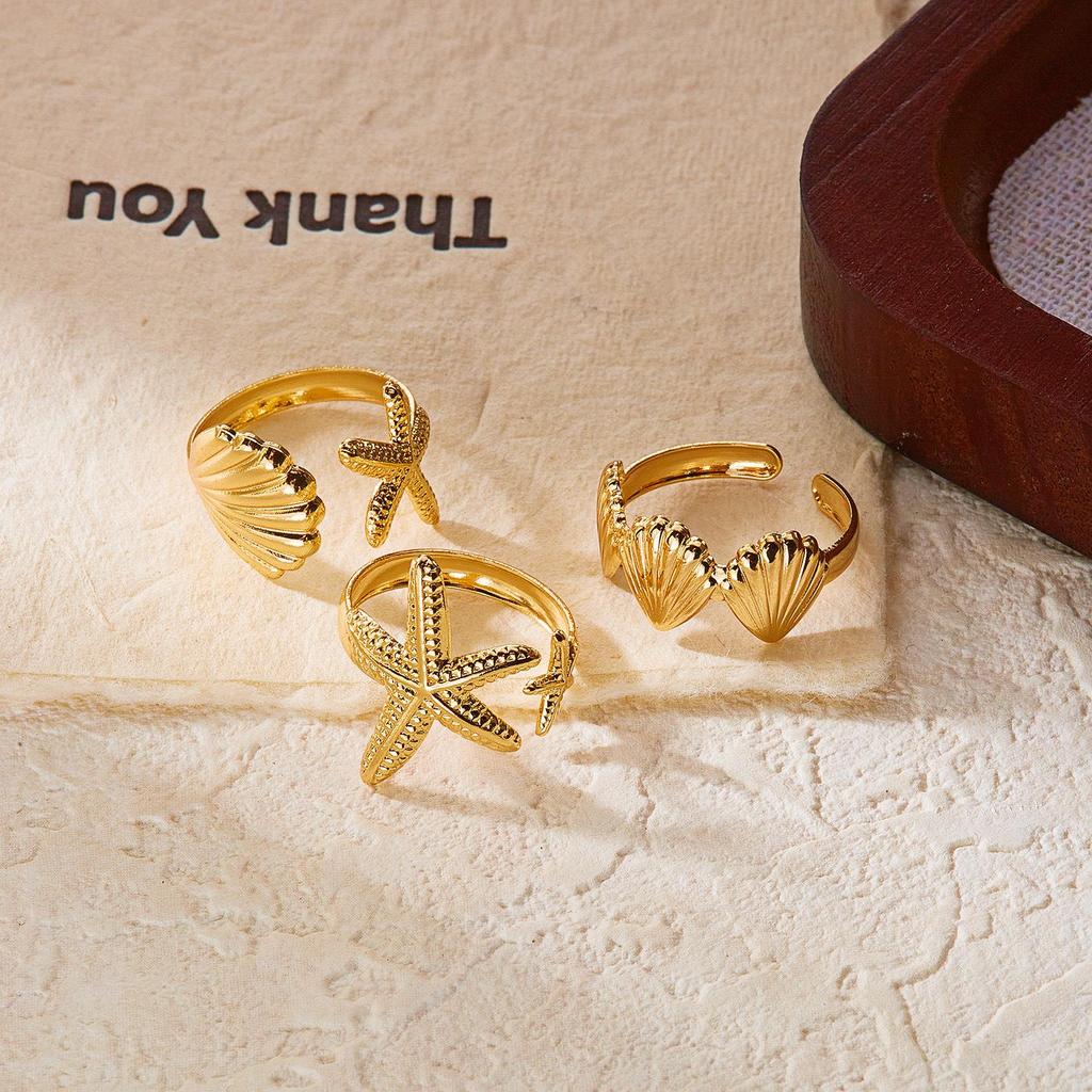 Ocean Holiday Alloy Ring Set: Shell & Starfish Design, Openable 3-Piece