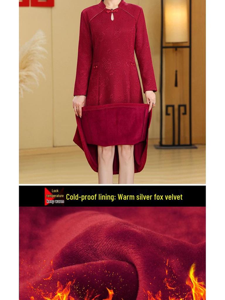 Winter Mother-in-law Wedding Outfit 2025: Velvet-Enhanced Dress Suit for Middle-Aged & Elderly Mothers.