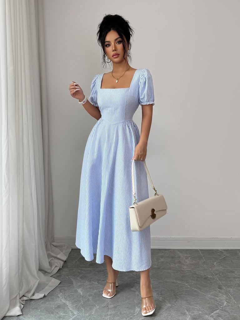 Elegant European-Style Puff Sleeve Striped Dress - Women's Spring/Summer 2026 Collection