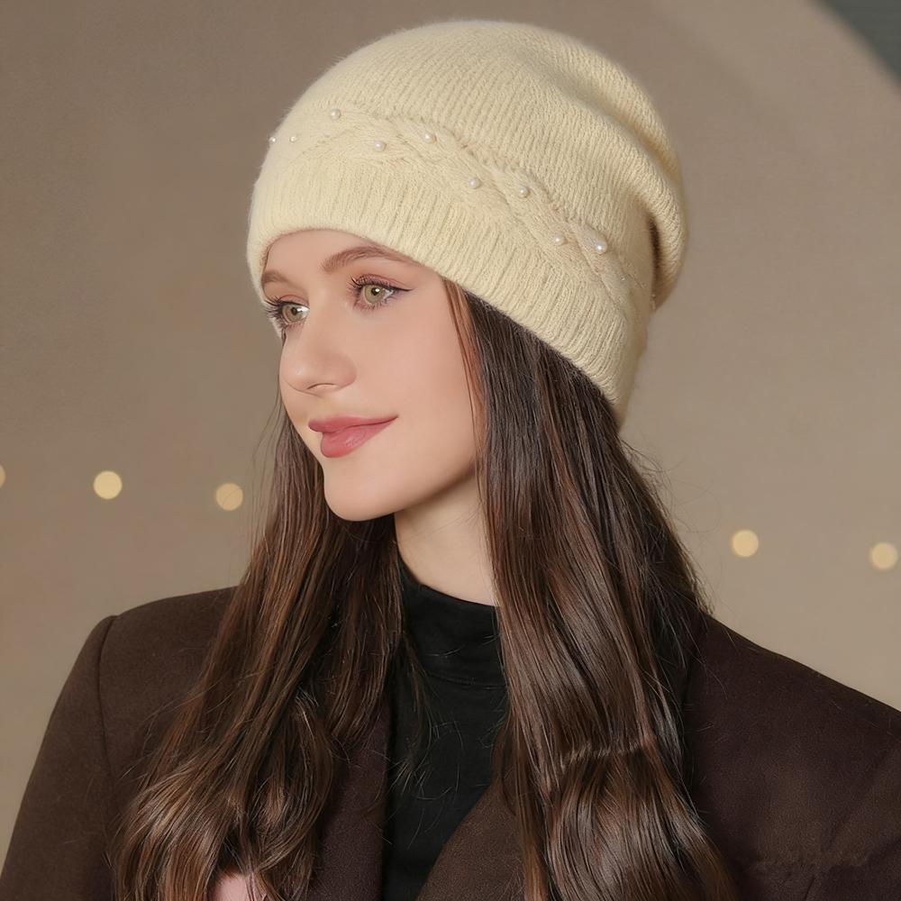 New Women Winter Hat Fashion Pearl Decorate Beanie Hat Warm Winter Cap For Female Casual Streetwear Knitted Hat