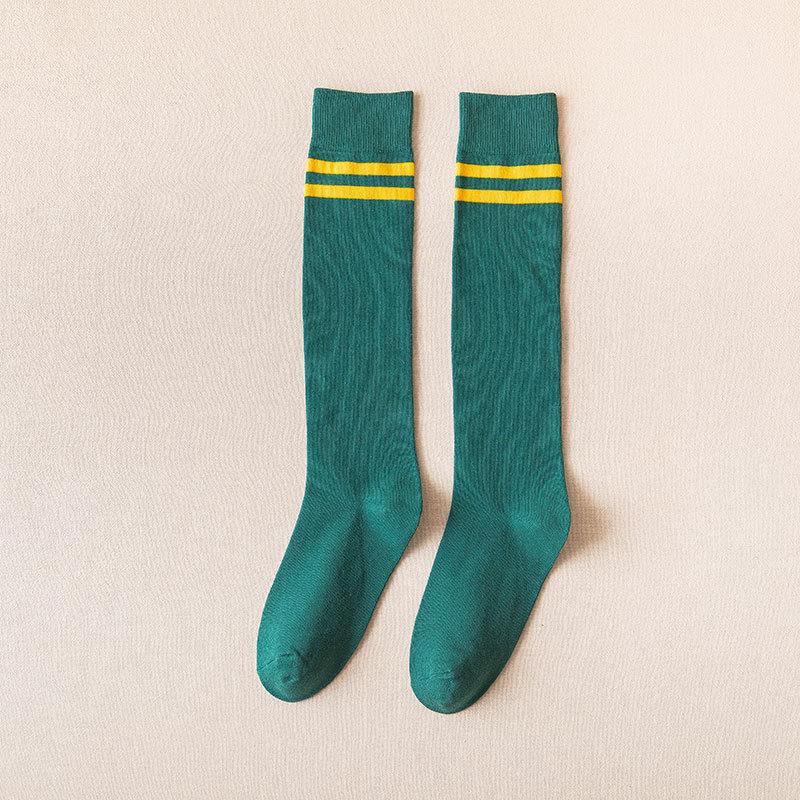 Women's Two-Stripe High Knee Cotton Socks - Black (Spring, Autumn, Winter Fashion)