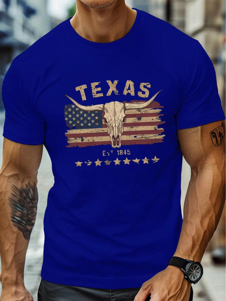 Men's Summer Street Cotton Casual Loose Long Horn Tauren Bone Printed Round Neck Short Sleeve Large T-shirt