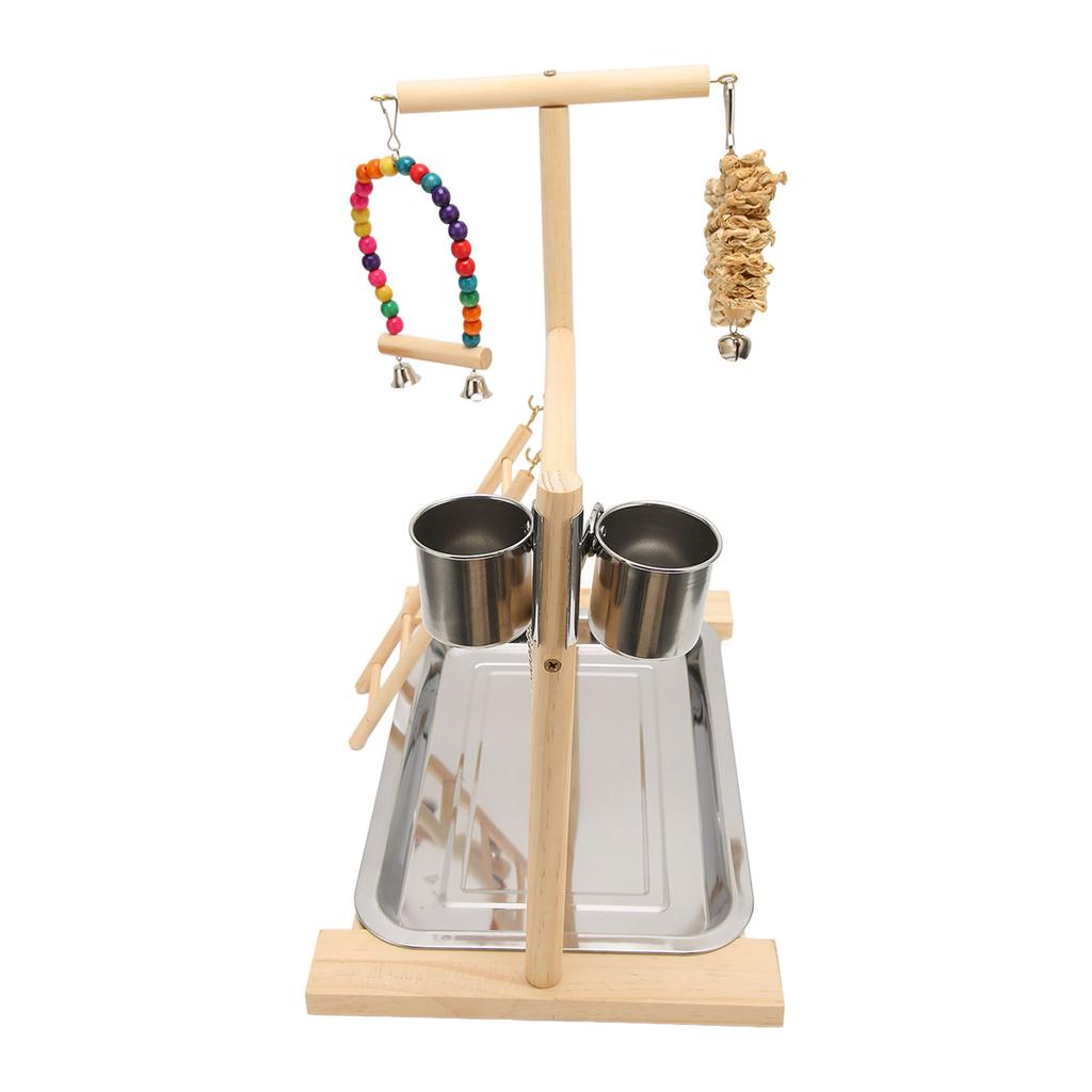 Wood Parrot Playstand Stand Safe Bite Resistant Relieve Boredom Bird Playground with 2 Feeding Cups for Birds Parrots