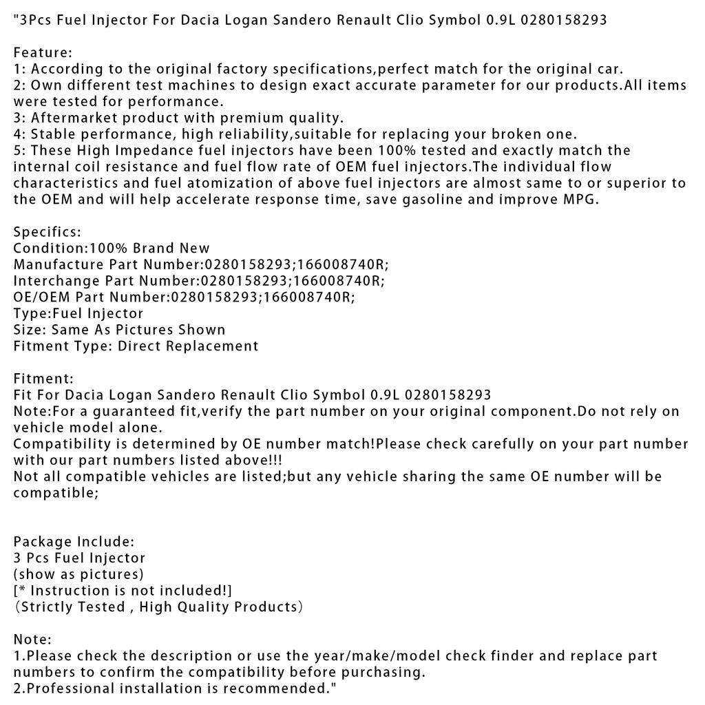 3Pcs Fuel Injector For Dacia Logan Sandero Renault Clio Symbol 0.9L 0280158293