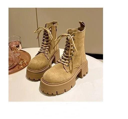 

Женские ботинки Ретро Кожа Дизайнерская обувь для женщин Роскошные короткие ботинки Платформа Нескользящие Мотоциклетные ботинки Круглый носок Ботильоны 35