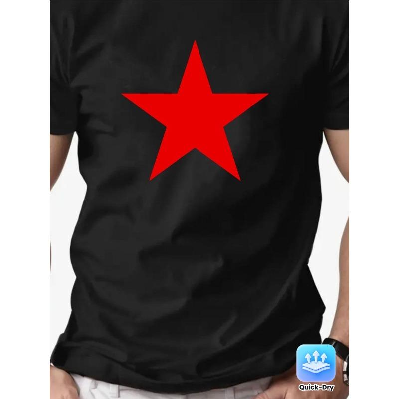 European Size Simple Men's T-Shirt Top Summer Loose Quick-Dry Short Sleeve Five-Star Pattern Print Men's Pullover T-Shirt