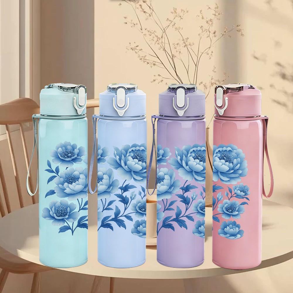 1PC Blue Rose Bouquet Pattern 750ml Color Plastic Sports Water Bottle Leakproof Flip Straw Lid Suitable for Sports Office Home Use