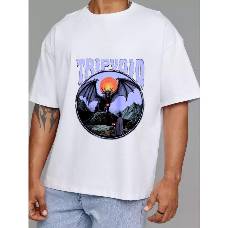 White T-Shirt with Tripvoid Dragon and Sunset Mountain Scene Graphic for Casual Wear