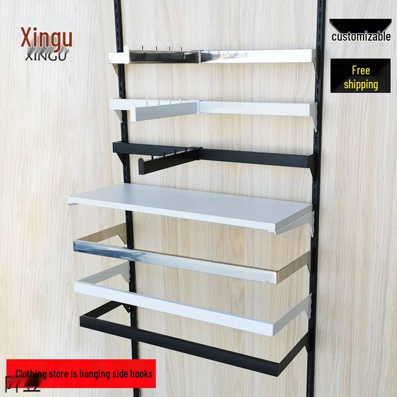 Black & White Clothing Store Stainless Steel Wall-Mounted Display Rack with Side Hooks and Shelving Brackets