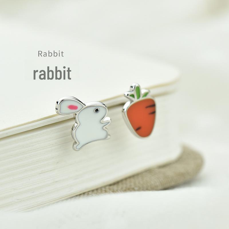 Cute Asymmetrical Rabbit Carrot Earrings - 925 Silver, Simple, Fun Design for Students and Girls