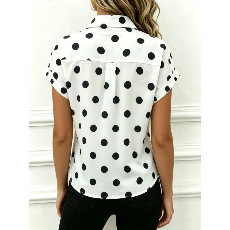 Women Polka Dot Lapel Roll Up Short Sleeve Button Down Casual Loose Blouse Shirt