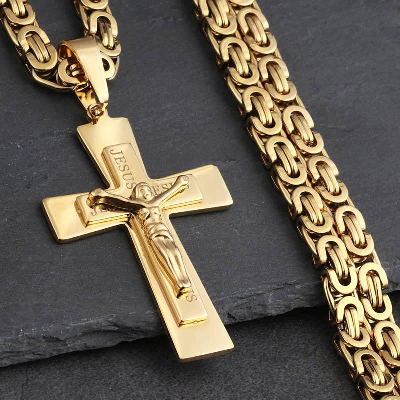Jesus Stainless Steel Cross Pendant Necklace Men Link Chain Charm Necklace Cool Boys Orthodox Pendant Necklace Jewelry Gift