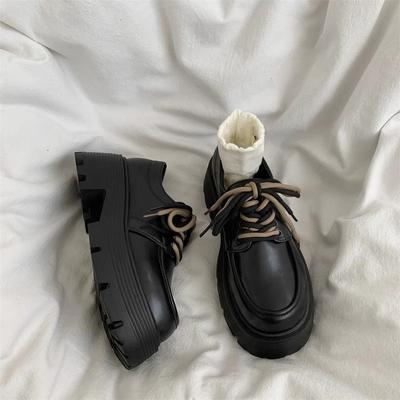British Style Retro Thick High-Heeled Small Leather Shoes Women'S Versatile Platform-Soled Lace-Up Loafers K Single