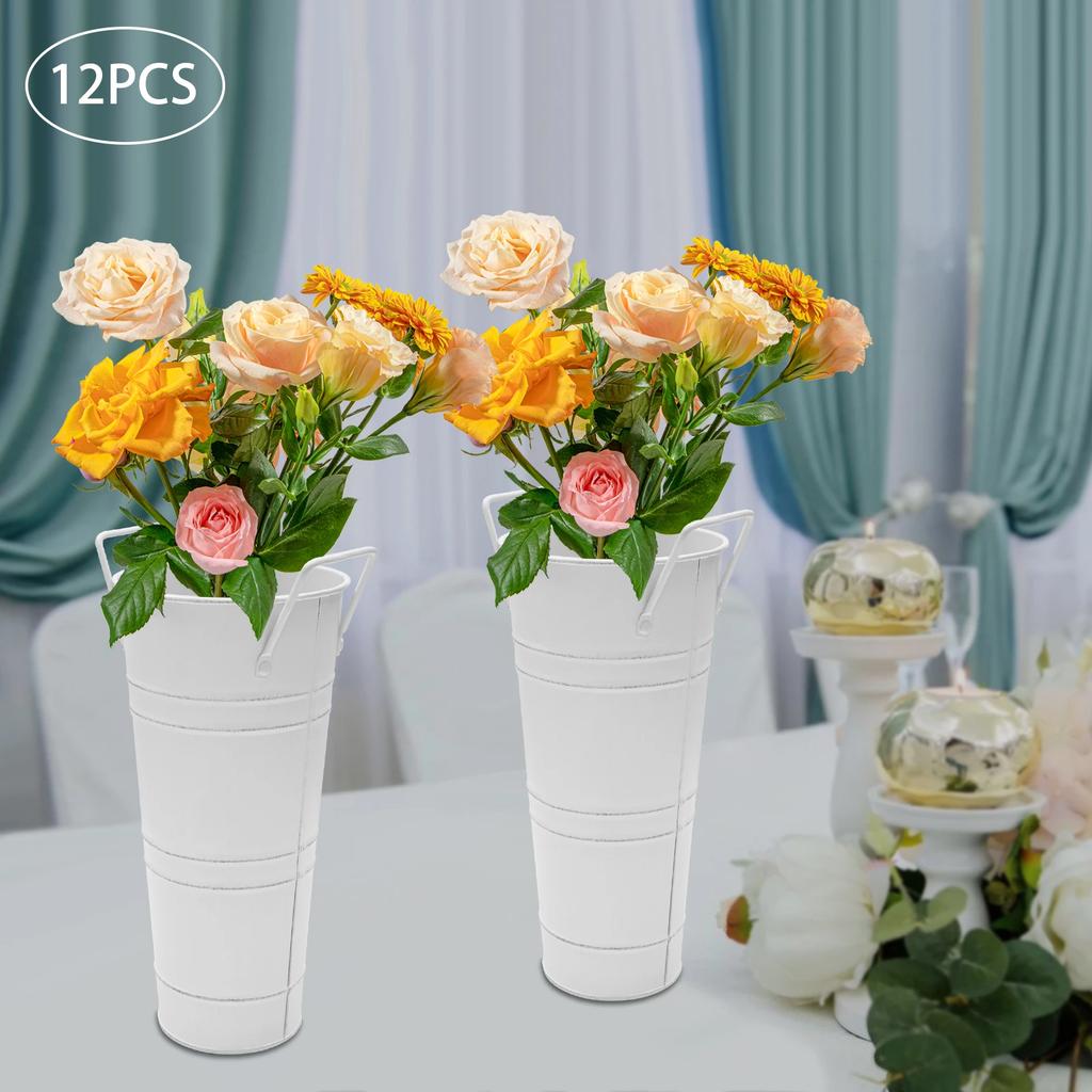 12Pcs White Metal Flower Buckets, Cylindric Vases, Modern Wedding Floral Arrangement Containers, 9In Tall Flower Display Holders