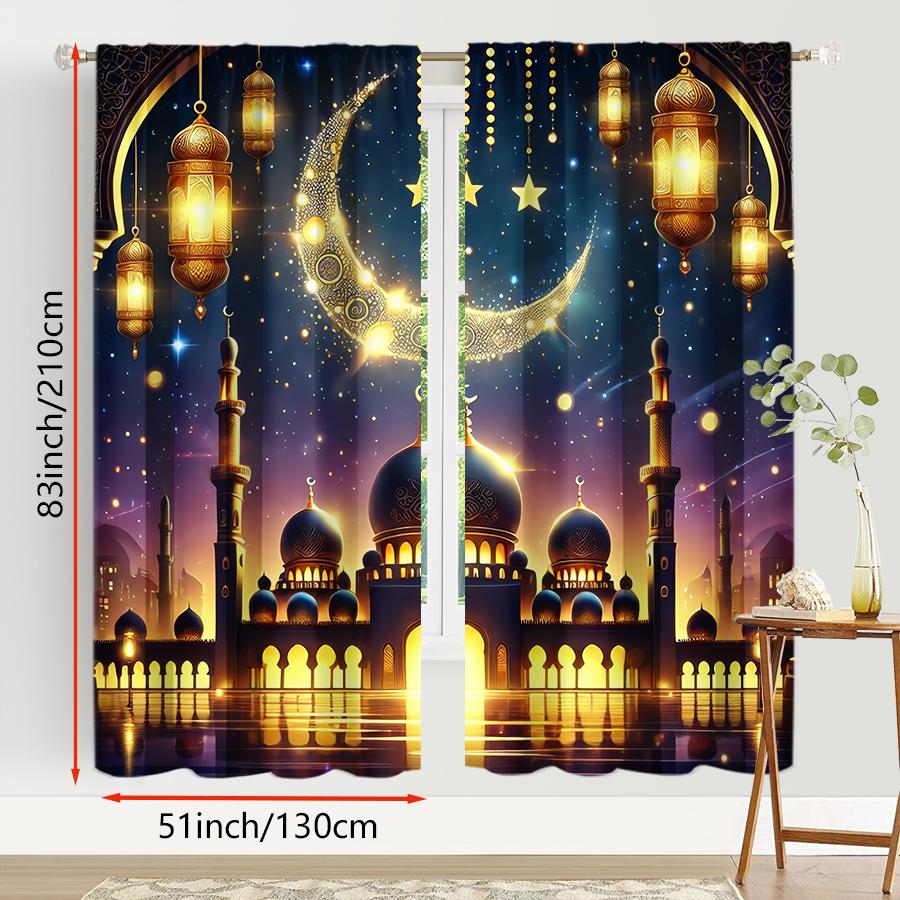 2PCS Gilded Star Moon Islamic Night Scene Curtains   Sparkling Festival Breeze   Bedroom and Living Room   Pull up Pocket Style