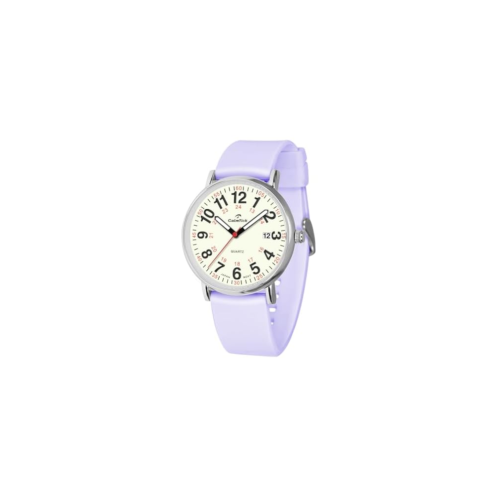 CalmTick Nurse Watch Analog Simple Stylish Waterproof Luminous Unisex for Students Silver Purple