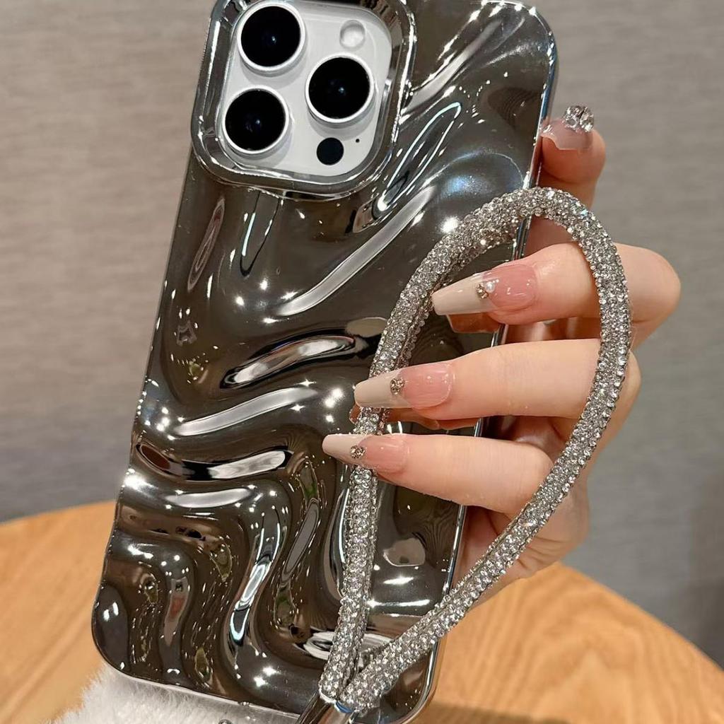 Silver Electroplated Wave Pattern iPhone 17 Pro Max Case Chain