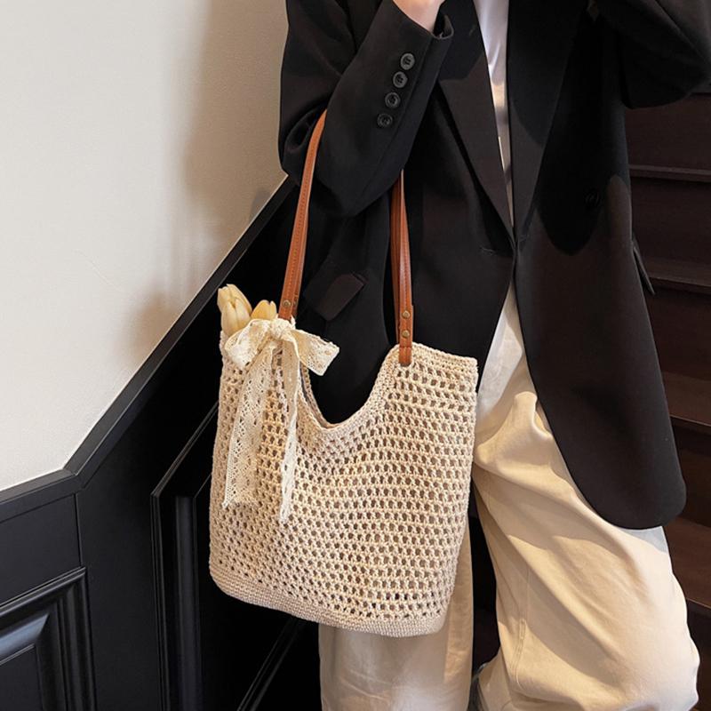Yogodlns Women Straw Woven Shoulder Bag Solid Color Shoulder Summer Woven Pouch for Women Handmade Traveling Handbags Underarm Bags