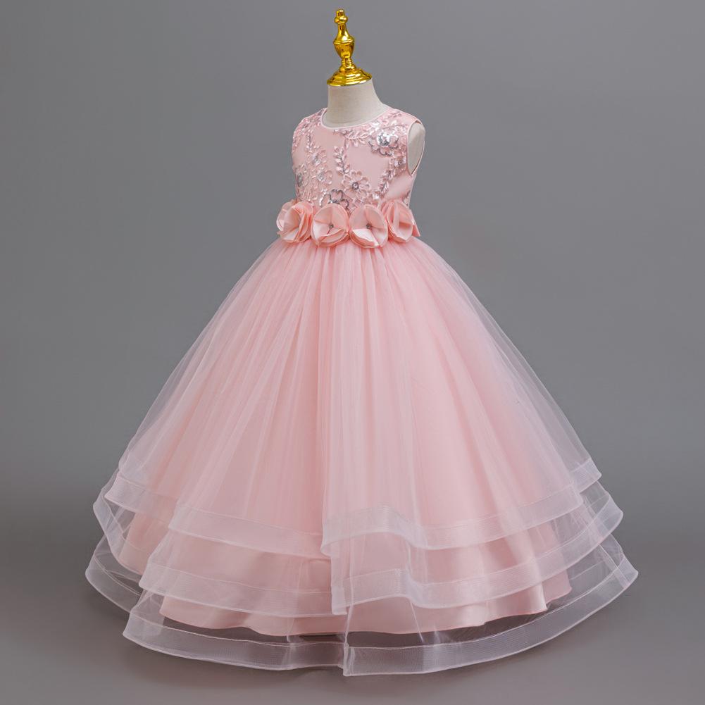Girls Party Evening Dress Skirt Flower Mesh Tutu Middle and Big Kids Long Christmas Performance Costume 632 Children's Princess