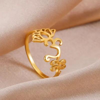 LIKGREAT Stainless Steel Lotus Flower Ring Unalome Symbol Buddhism Indian Om Rings for Women Healing Charms Amulet Jewelry Gift
