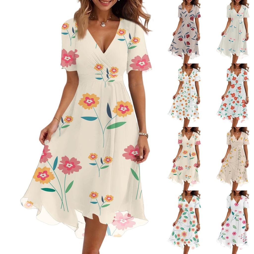Women's Fashion Casual V-Neck Short Sleeve Floral Print Dress