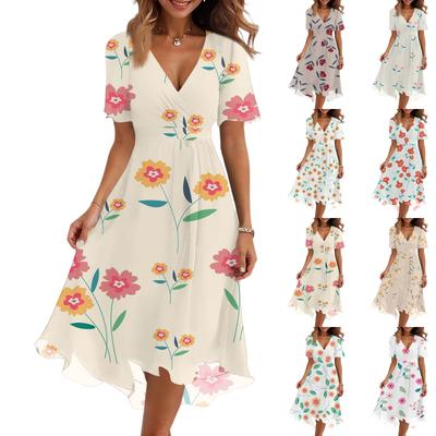 Damenmode Lässig V-Ausschnitt Kurzarm Kleid mit Blumendruck