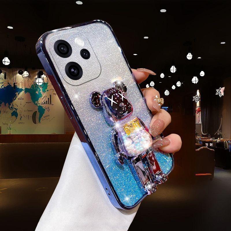 For OPPO Reno 15 Pro 15F Case with Cartoon 3D Bear Stand Luxury Slim Gradient Plating Glitter Girls Stylish For OPPO Reno 15F 15 Pro Back Cover