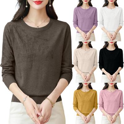 Damski Haftowany Top Bazowy z Okrągłym Dekoltem Modny i Stylowy Sweter Jednokolorowy z Długim Rękawem Odmładzający
