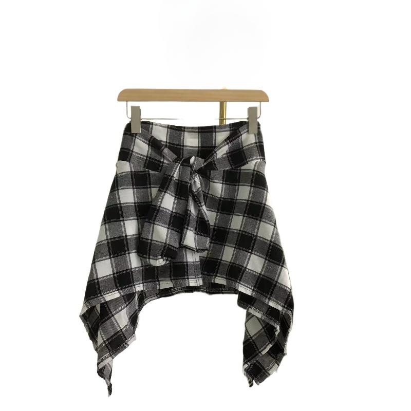 Elastic Waistband Plaid Irregular Skirt Short Skirt with Tie Up Bow Tie Sporty Street Dance Style for Women