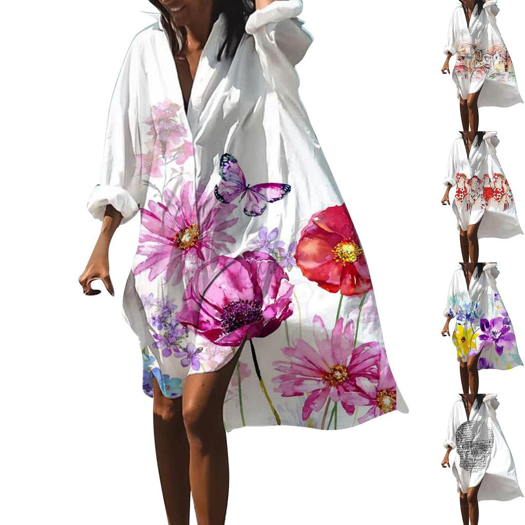 Robe d'été bohème pour femmes, robe chemise imprimée décontractée pour femmes, mode à manches longues, plage hawaïenne, robes de club boutonnées