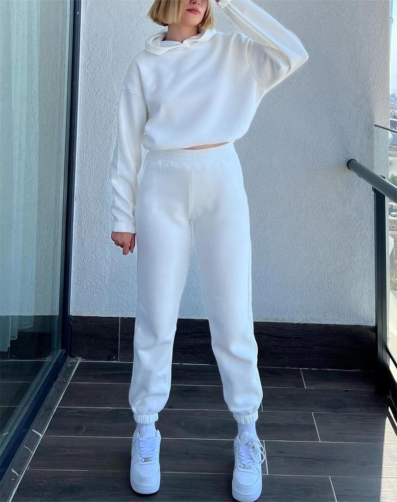 2023 Autumn/Winter Women's Solid Color Hooded Sweatshirt Two-Piece Set - Sports Casual