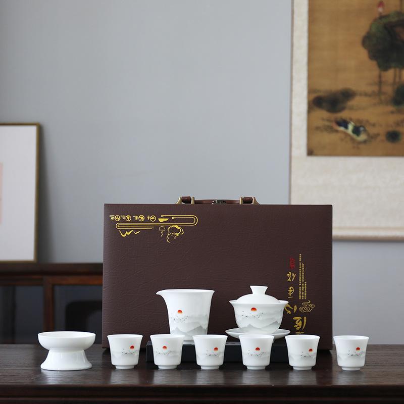 Ceramic suet jade porcelain kung fu tea set business company banking enterprise festival high-end gifts