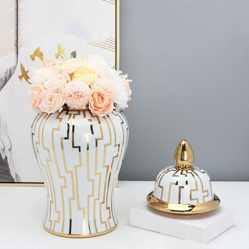 Ceramic Ginger Jar Temple Storage Desktop with Lid Flower Pot Vase for Decoration