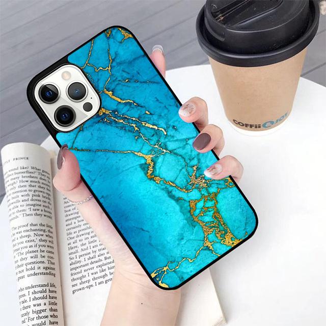 Teal Blue Gold Agate Marble Phone Case For iPhone 17 Air 13 12 14 15 16  Cover For Apple Pro Max Plus Coque