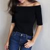 Top de Mujer sin Hombros de Manga 1/2, Blusa de Mezcla de Algodón Ajustada