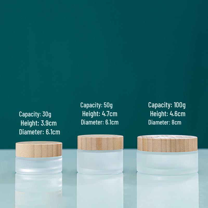 Frosted Glass Cream Jar with Wood Grain Lid - Refillable Cosmetic Container 5g; Wood Grain Lid + Frosted Glass Bottle