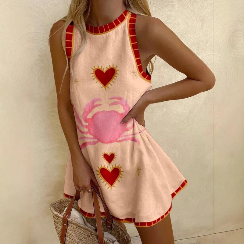 2025 European & American Printed Linen Sleeveless Mini Dress for Women