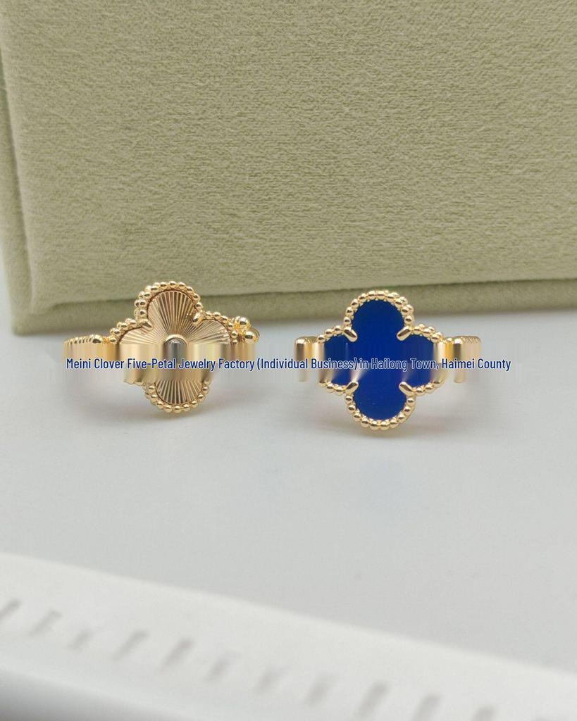 18K Rose Gold Double-Sided Ring: Red and Blue Agate Four-Leaf Clover Flip Design