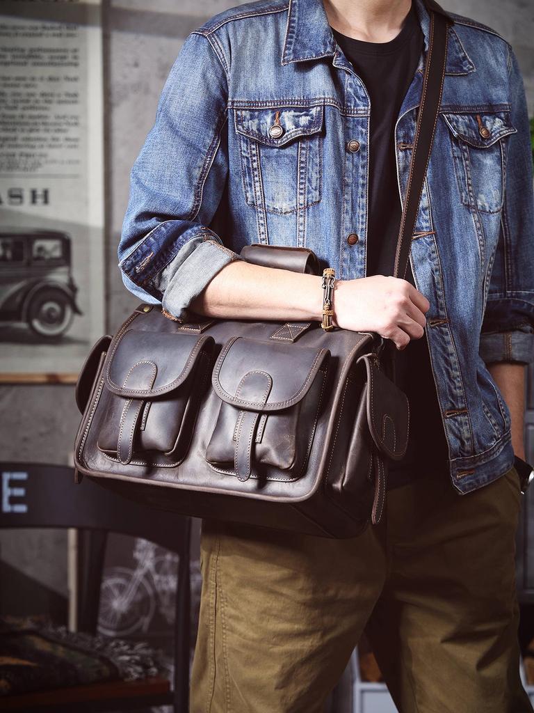 Men's Genuine Leather Crazy Horse Briefcase & Messenger Laptop Bag