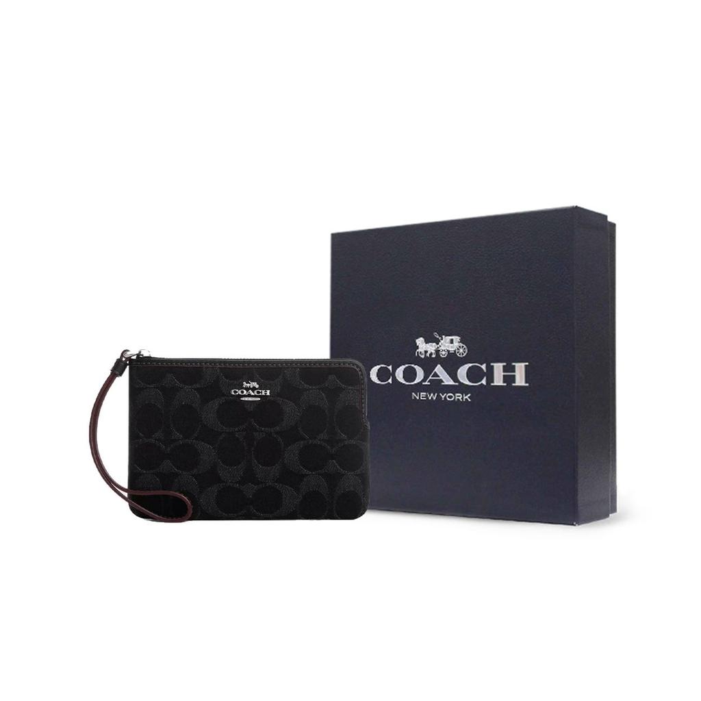 Coach Corner Zip 15 Metallic Logo Zip Closure Signature Denim And Smooth Leather Mini Clutch Women Clutch Silver Black CP440-SVBK