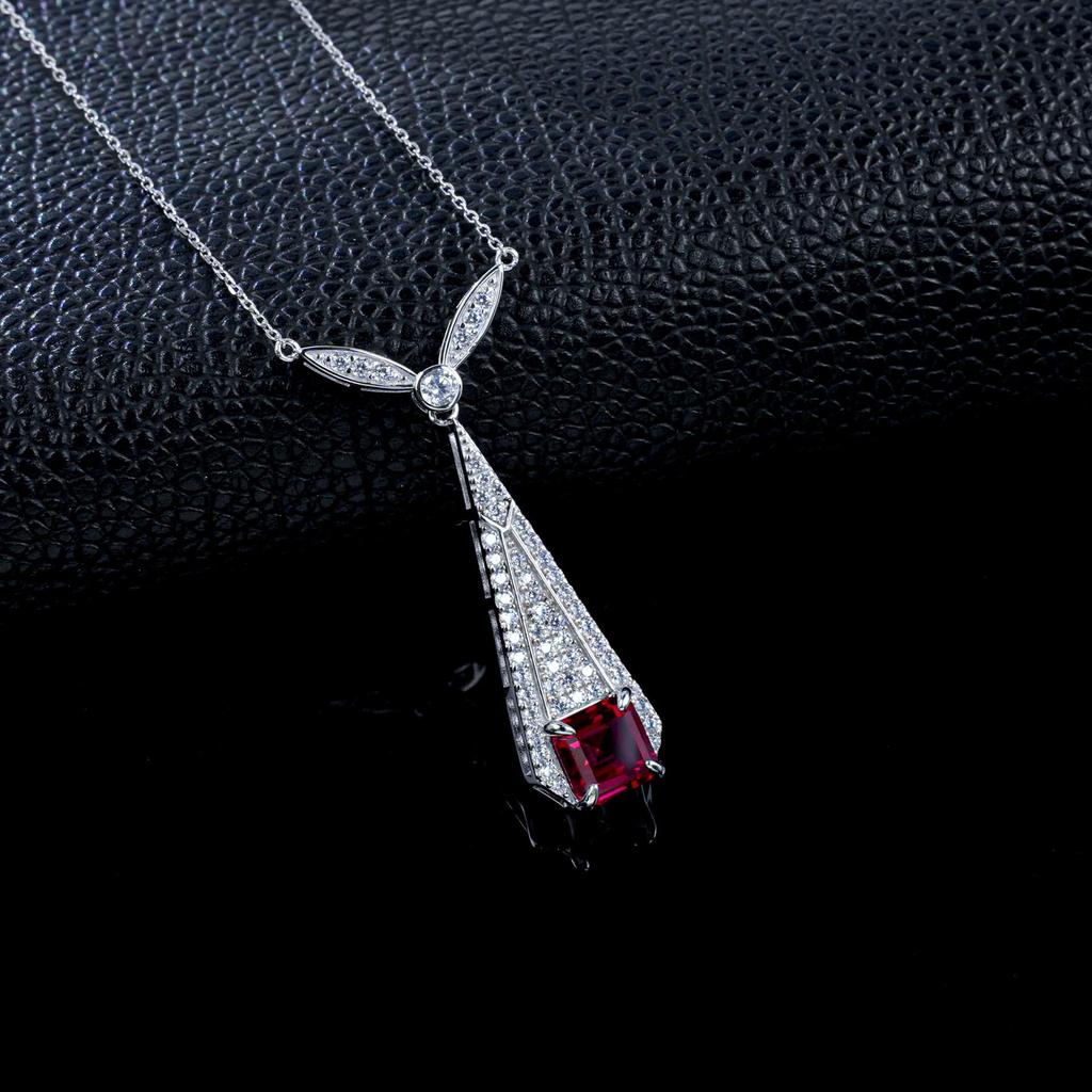 European S925 Sterling Silver Geometric Tassel Necklace with Cultured Ruby and Full Diamond Accents - Retro Long Style