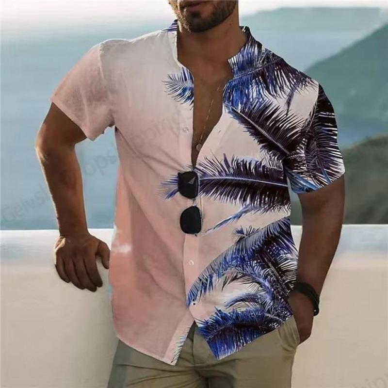 Camisa Havaiana Casual de Verão Masculina com Colarinho Cardigã de Lapela com Botões de Manga Curta