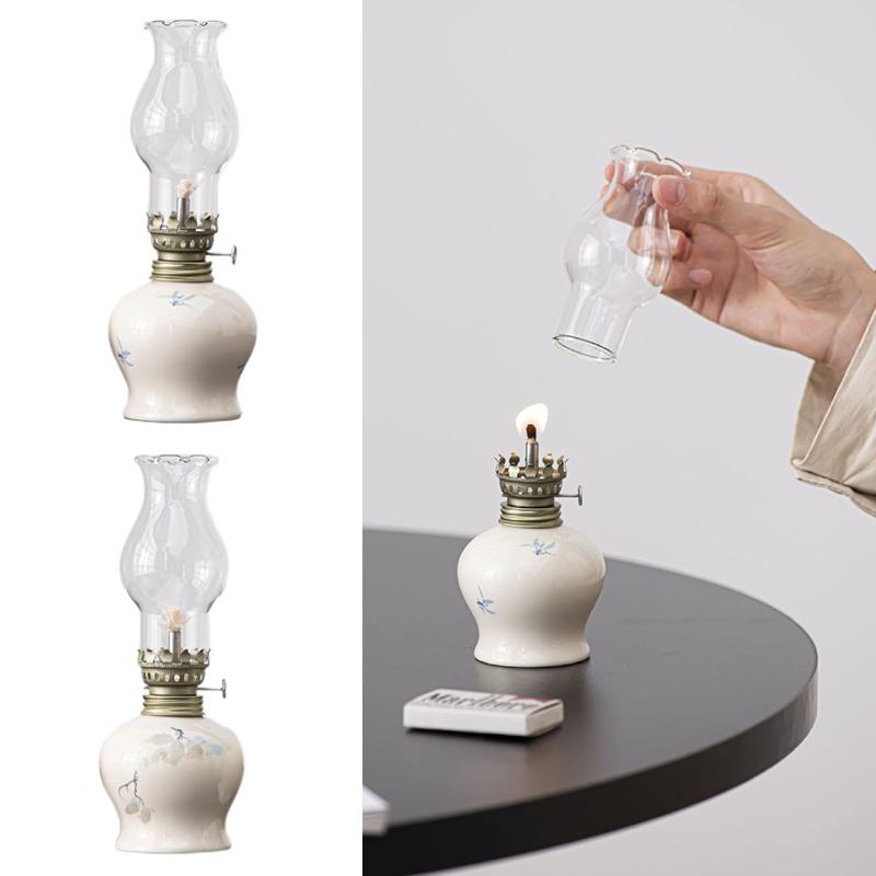 A Set Lamps Study Bedroom Ceramic Ghee Lamps Hand-Painted Flowers Night Lamp New Chinese Style Paraffin Lamps Vintage