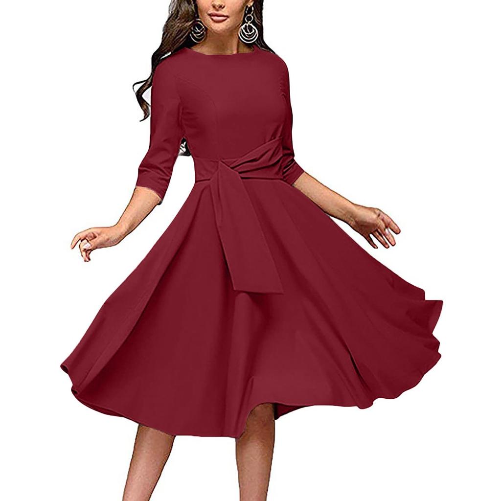 Womens Casual Temperament Fashion Color Mid Waist Elegant Dress
