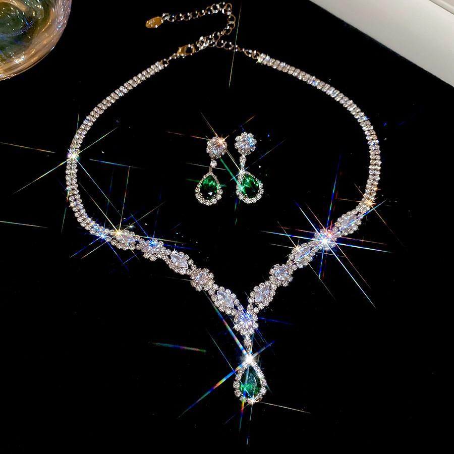 Court style diamond set, water drop pink diamond pendant, earrings, necklace set, exquisite temperament collarbone chain, light luxury fashion jewelry