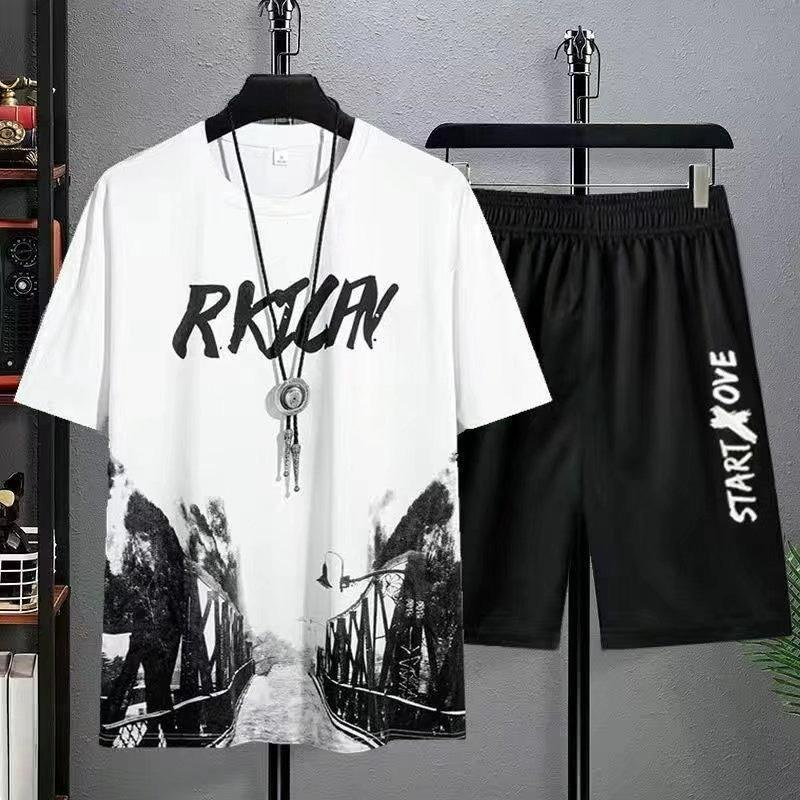 National Tide Clothing Men's Spring and Summer Thin Tie-dye Short-sleeved National Style Landscape Painting Round Neck Casual Suit